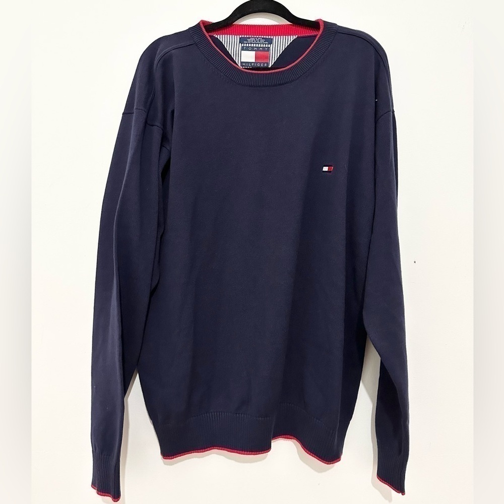 Tommy Hilfiger Mens Vintage Long Sleeve Navy Crewneck Sweater Size 2XL Y2K